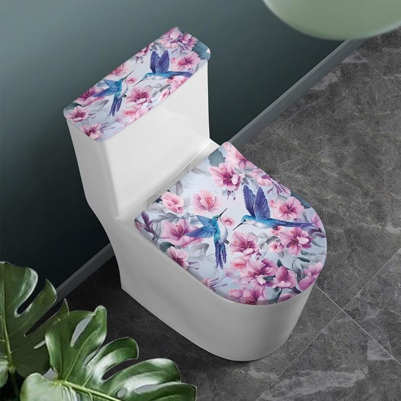 Flashideas Hummingbird Floral Toilet Lid Cover and Toilet Tank Cover 2Pcs Toilet Seat Cover and Tank Lid Covers Stretch Toilet Covers Set for Bathroom Fits Most Toilet Tanks & Lids - Image 1